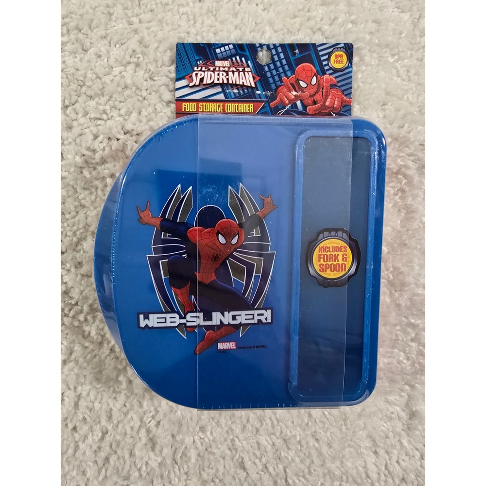Marvel Ultimate Spider-Man Blue Food Storage Container Lunch Box Fork Spoon Set